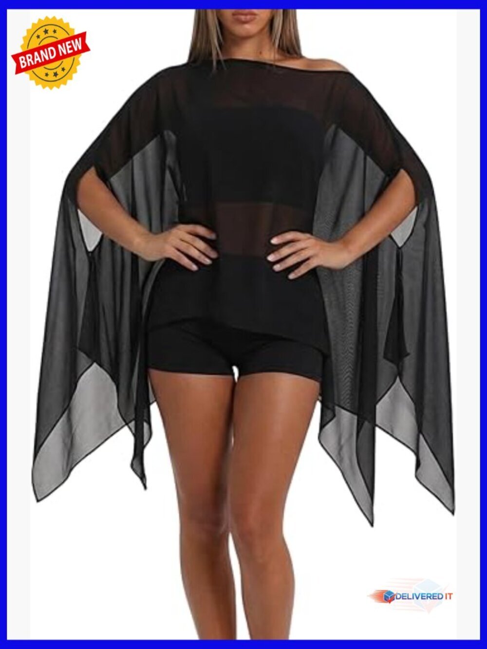 Women's 2 Piece Chiffon Cape and Shorts Set Flowy Sheer Summer Outfit